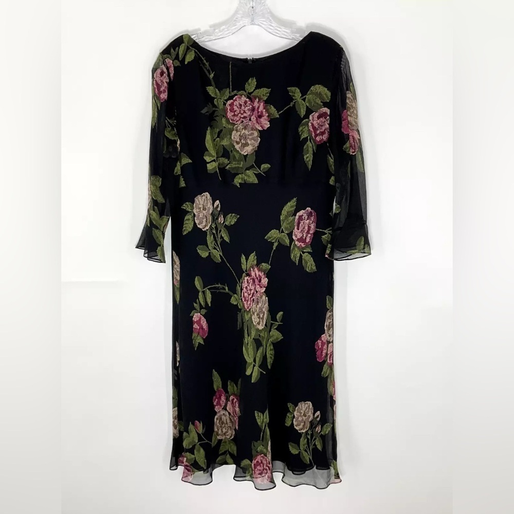Talbots Dress Women 14 100% Silk Dark Floral Lined Flare 3/5 Sleeve Zip